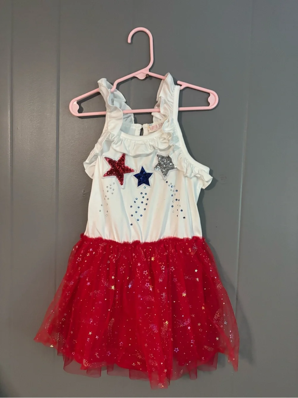 Sara Sara White Tank Dress with Red Glitter Tulle and Star Accents